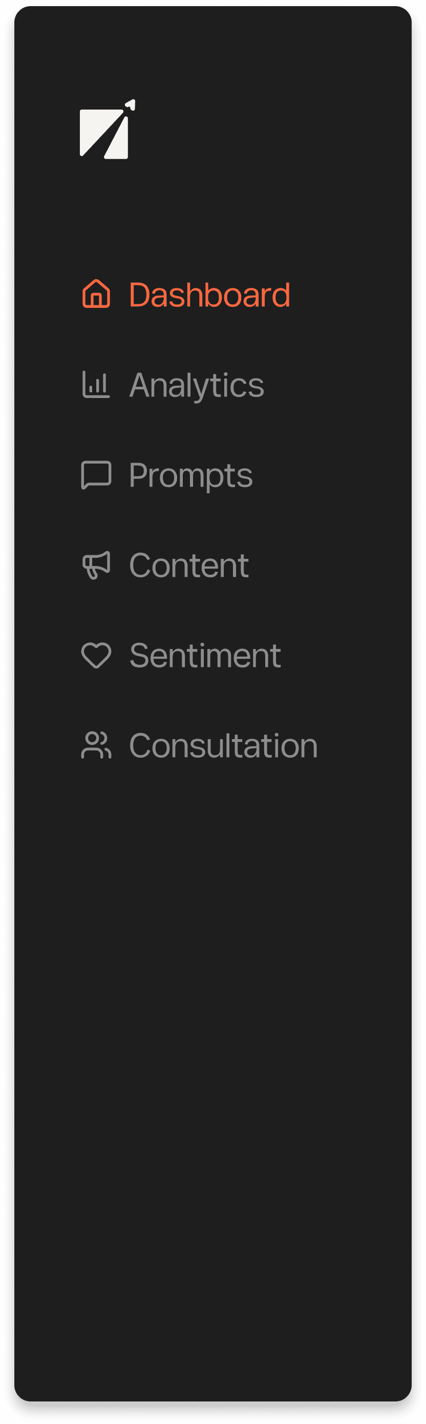 Dashboard navigation: Dashboard, Analytics, Prompts, Content, Sentiment, Consultation